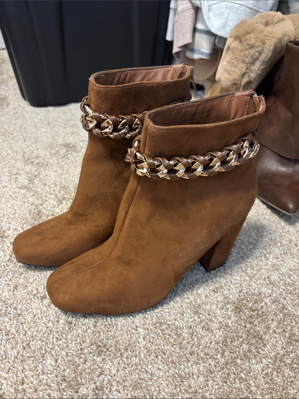 BAMBOO Tan Brown Suede Chain-Trim Ankle Boots